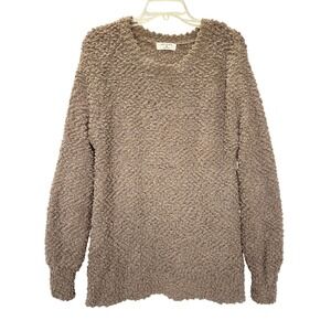 Zenana Popcorn Knit Sweater Balloon Sleeve Crew Neck Women's Medium Brown